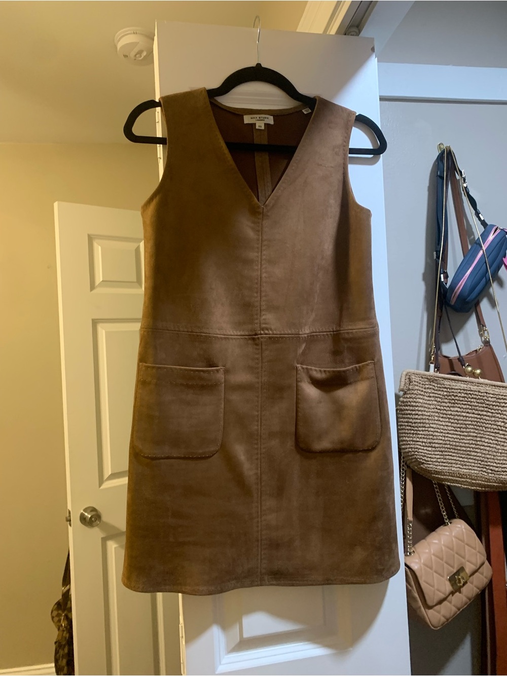 Max Studio Brown Suede V-Neck Pinafore Midi Dress